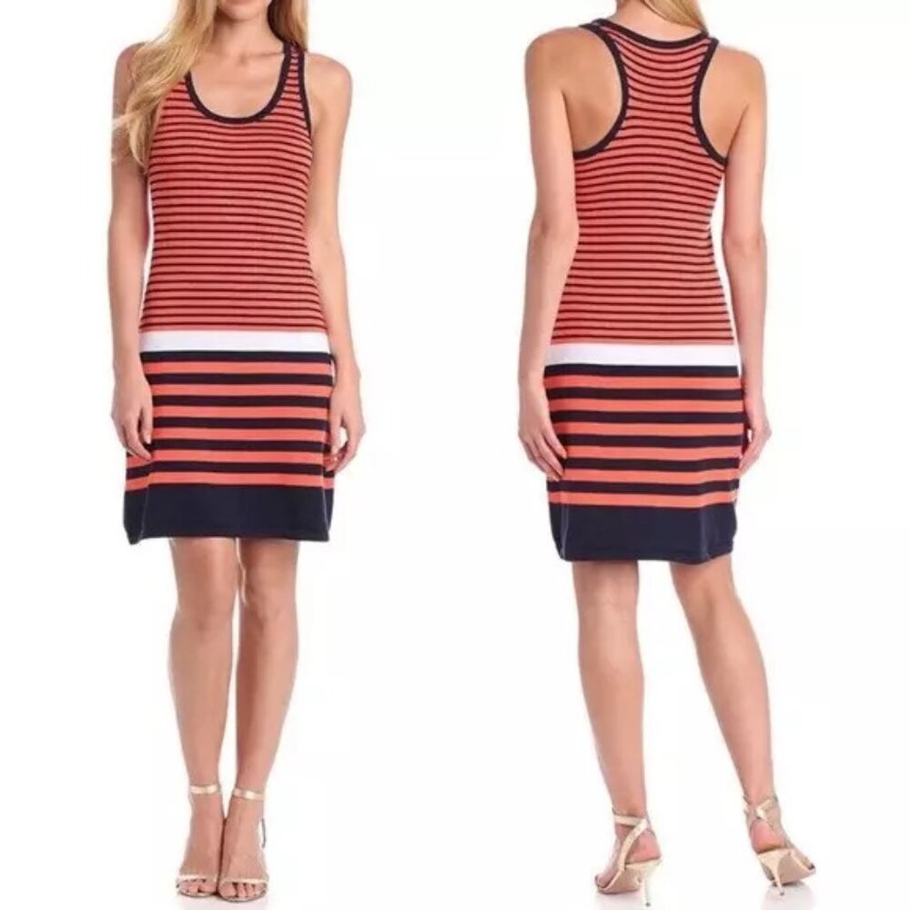 Lilly Pulitzer Orange Navy Blue Scoop Neck Striped Knit Sweater Dress Small